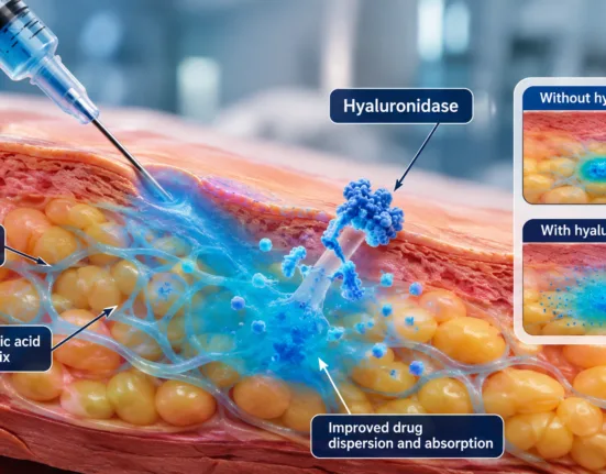 Hyaluronidase can temporarily loosen the hyaluronic acid-rich matrix in subcutaneous tissue, allowing large antibody doses to disperse and absorb from injection volumes that would otherwise be impractical and helping enable more convenient subcutaneous delivery of biologic medicines. Representative image.