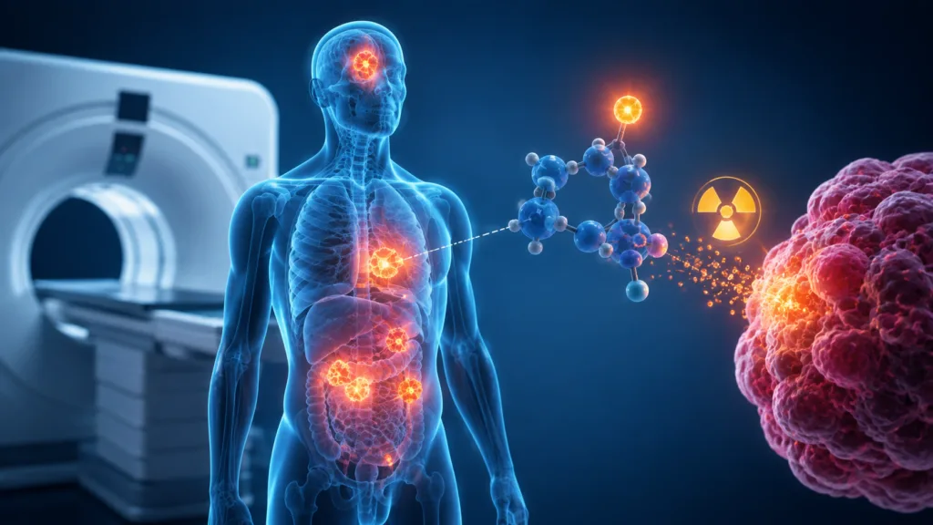 Radiotheranostics combines molecular imaging with targeted radioactive drugs, allowing clinicians to identify tumors carrying the therapeutic target before delivering systemic radiation treatment. Representative image.