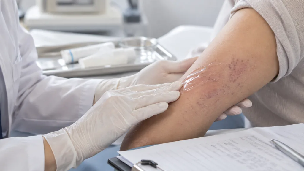 Representative image: A clinician applies a topical treatment to a vascular skin lesion, illustrating Palvella Therapeutics’ QTORIN rapamycin program as the company seeks FDA approval for microcystic lymphatic malformations.