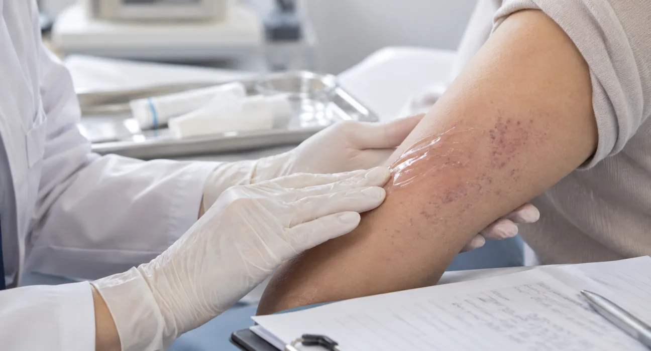 Representative image: A clinician applies a topical treatment to a vascular skin lesion, illustrating Palvella Therapeutics’ QTORIN rapamycin program as the company seeks FDA approval for microcystic lymphatic malformations.