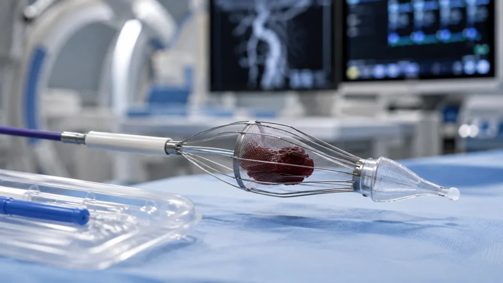Vesalio’s FDA-cleared pVasc NET thrombectomy device combines clot retrieval with integrated distal filtration, putting a new approach to peripheral clot removal on track for a controlled US commercial launch later in 2026. Representative image.