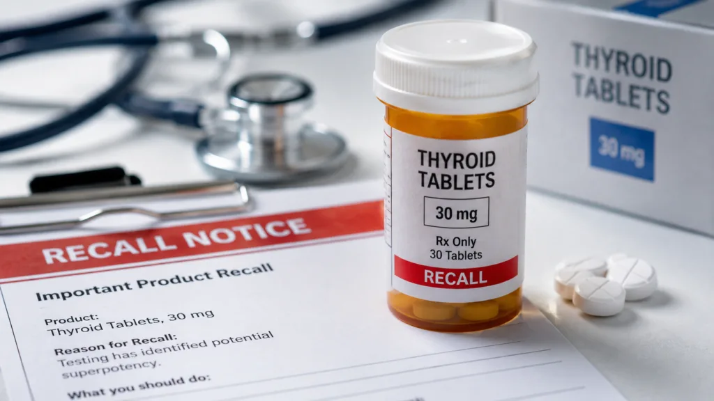 Vitruvias Therapeutics is recalling one nationwide lot of 30 mg Thyroid Tablets after testing identified potential superpotency, underscoring the narrow dosing margins and safety considerations associated with thyroid hormone replacement therapy. Representative image.
