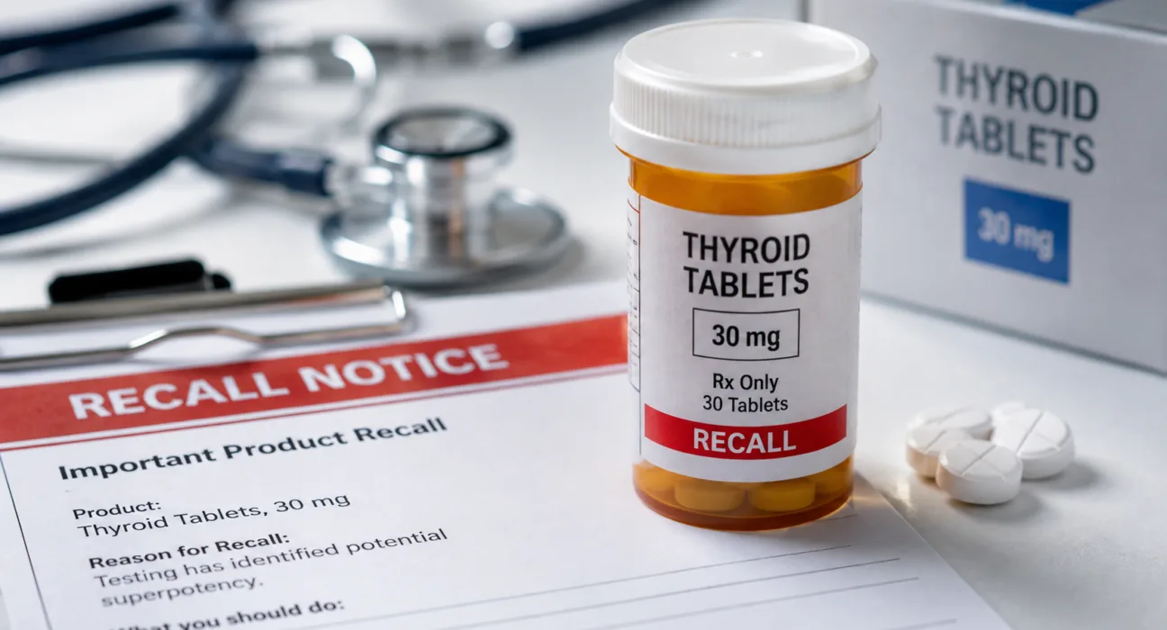 Vitruvias Therapeutics is recalling one nationwide lot of 30 mg Thyroid Tablets after testing identified potential superpotency, underscoring the narrow dosing margins and safety considerations associated with thyroid hormone replacement therapy. Representative image.