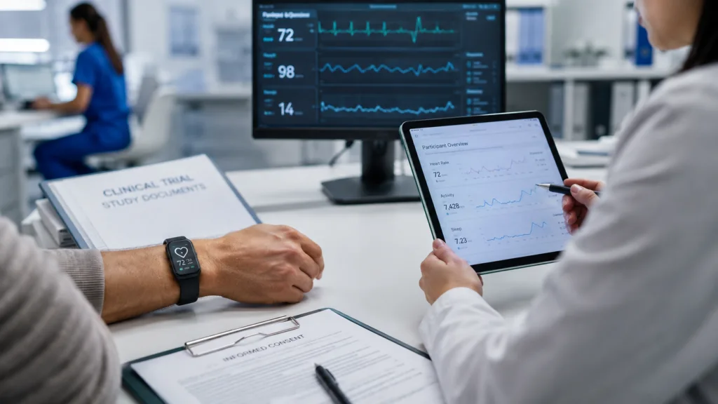 Wearable devices are becoming clinical-trial tools for measuring digital endpoints such as heart rate, activity and sleep, but regulatory acceptance will depend on proving that these measurements are accurate, clinically meaningful and reliable across diverse patient populations. Representative image.