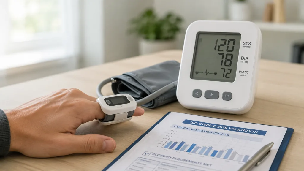 FDA clearance of Wellvii BP Go adds a Class II non-invasive blood pressure system using finger-based measurements, following published validation that met ISO 81060-2:2018 accuracy requirements. Representative image.