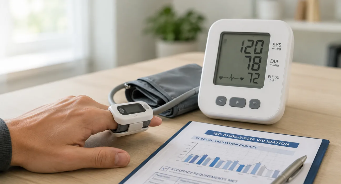FDA clearance of Wellvii BP Go adds a Class II non-invasive blood pressure system using finger-based measurements, following published validation that met ISO 81060-2:2018 accuracy requirements. Representative image.