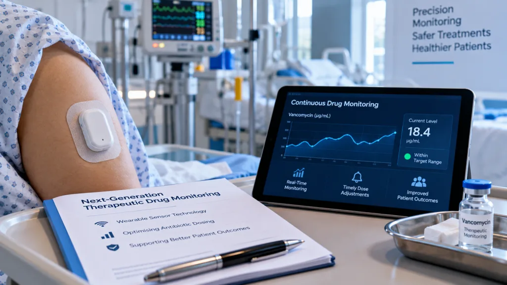 Nutromics’ investigational wearable vancomycin monitoring patch could shift therapeutic drug monitoring from intermittent blood tests toward continuous molecular data. Representative image.