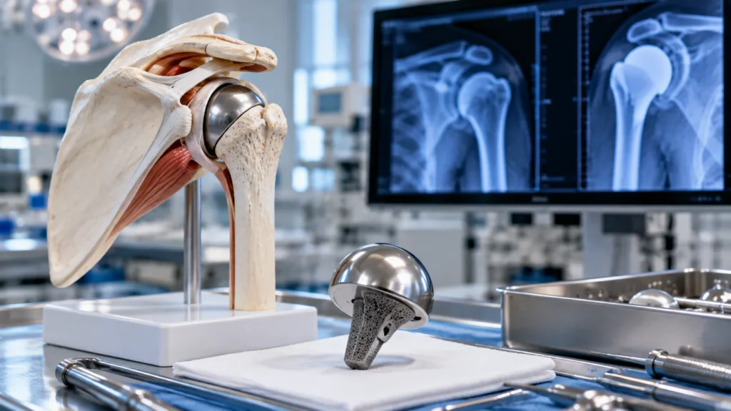 Shoulder replacement technology advances as Shoulder Innovations launches the US Food and Drug Administration-cleared N-22 titanium humeral head, expanding implant options for patients with metal sensitivities undergoing shoulder arthroplasty. Representative image.