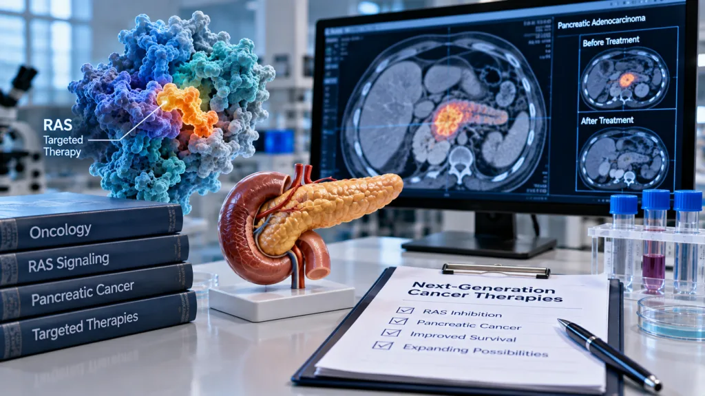 Revolution Medicines’ RASONQUE has become the first broad RAS-targeted therapy approved for metastatic pancreatic cancer after a major overall-survival benefit in RASolute 302. Representative image.
