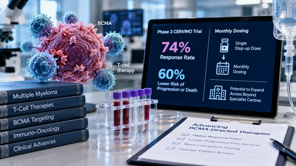 AbbVie’s etentamig delivered strong Phase 3 efficacy in relapsed multiple myeloma while its monthly dosing strategy could broaden access to BCMA-directed bispecific therapy. Representative image.