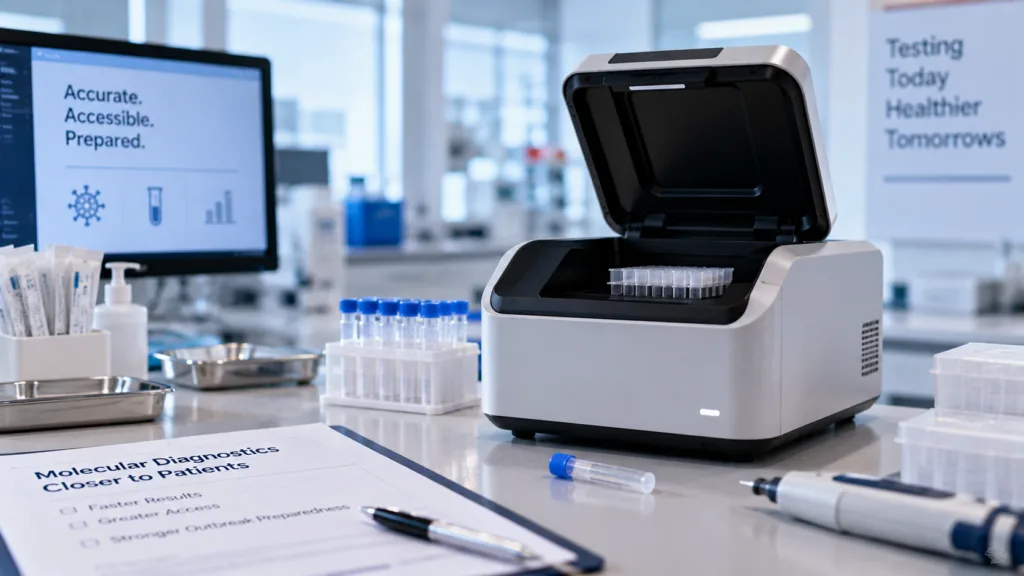 Aptitude’s FDA-cleared next-generation Metrix COVID Test represents a shift from pandemic emergency authorization toward permanent decentralized molecular diagnostics. Representative image.
