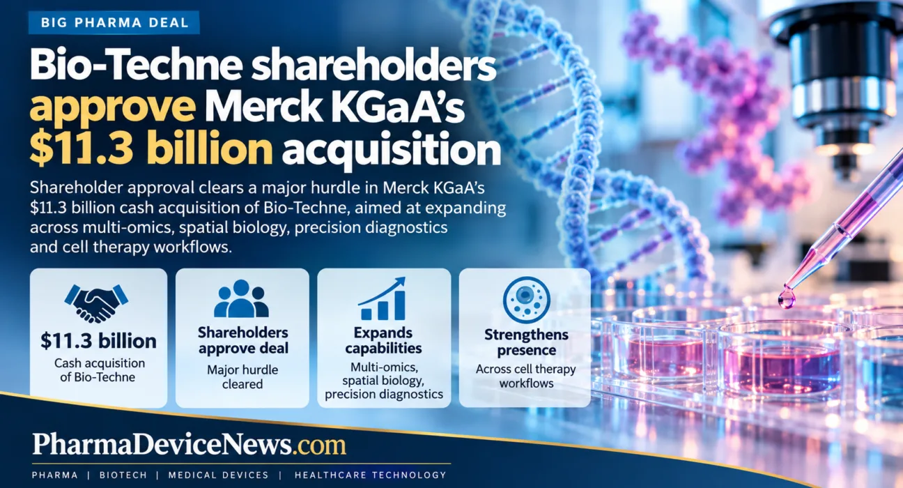 Infographic highlighting Bio-Techne shareholder approval of Merck KGaA’s $11.3 billion cash acquisition and its focus on multi-omics, diagnostics and cell therapy.