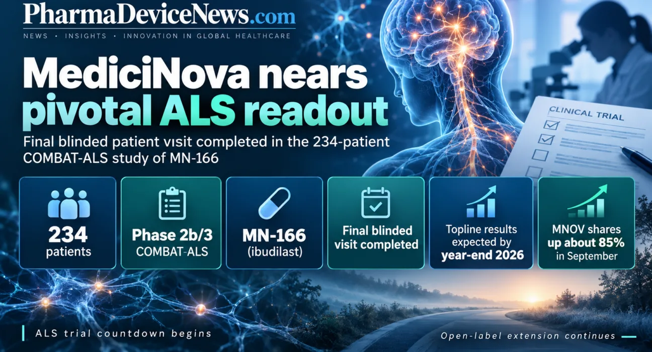 Infographic showing MediciNova’s 234-patient Phase 2b/3 COMBAT-ALS trial of MN-166 reaching its final blinded patient visit, with topline results expected by year-end 2026.