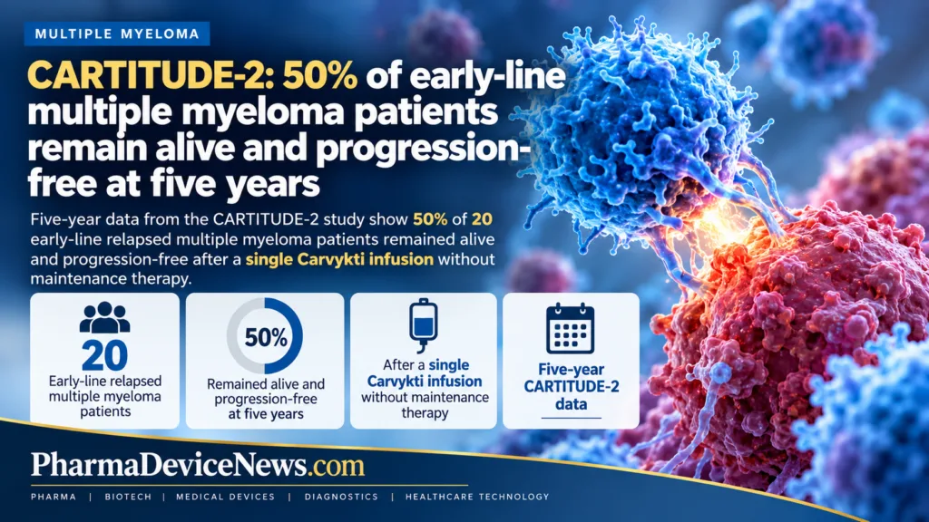 Infographic showing five-year CARTITUDE-2 results in early-line relapsed multiple myeloma, including 20 patients and 50% remaining alive and progression-free after one Carvykti infusion.