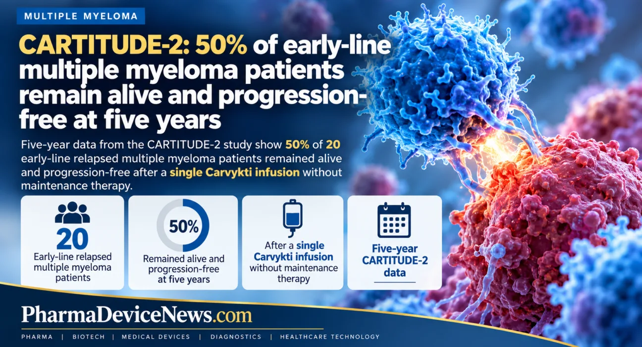 Infographic showing five-year CARTITUDE-2 results in early-line relapsed multiple myeloma, including 20 patients and 50% remaining alive and progression-free after one Carvykti infusion.