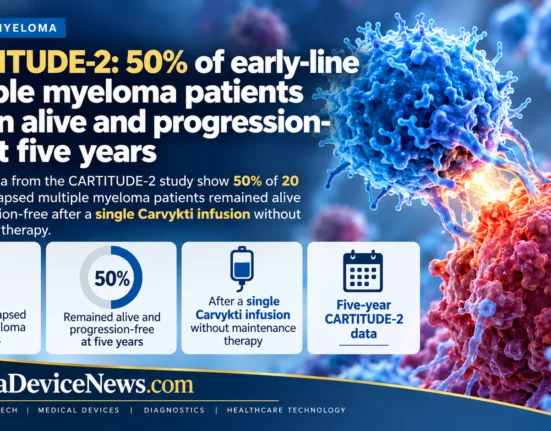 Infographic showing five-year CARTITUDE-2 results in early-line relapsed multiple myeloma, including 20 patients and 50% remaining alive and progression-free after one Carvykti infusion.