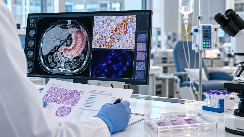 Representative image: Gastric cancer imaging and biomarker analysis illustrate ALX Oncology’s evorpacept results in HER2-positive, CD47-high tumors from the ASPEN-06 study.