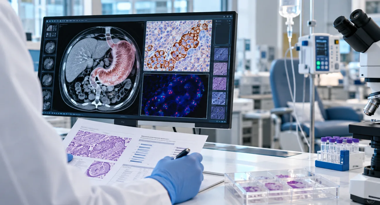 Representative image: Gastric cancer imaging and biomarker analysis illustrate ALX Oncology’s evorpacept results in HER2-positive, CD47-high tumors from the ASPEN-06 study.