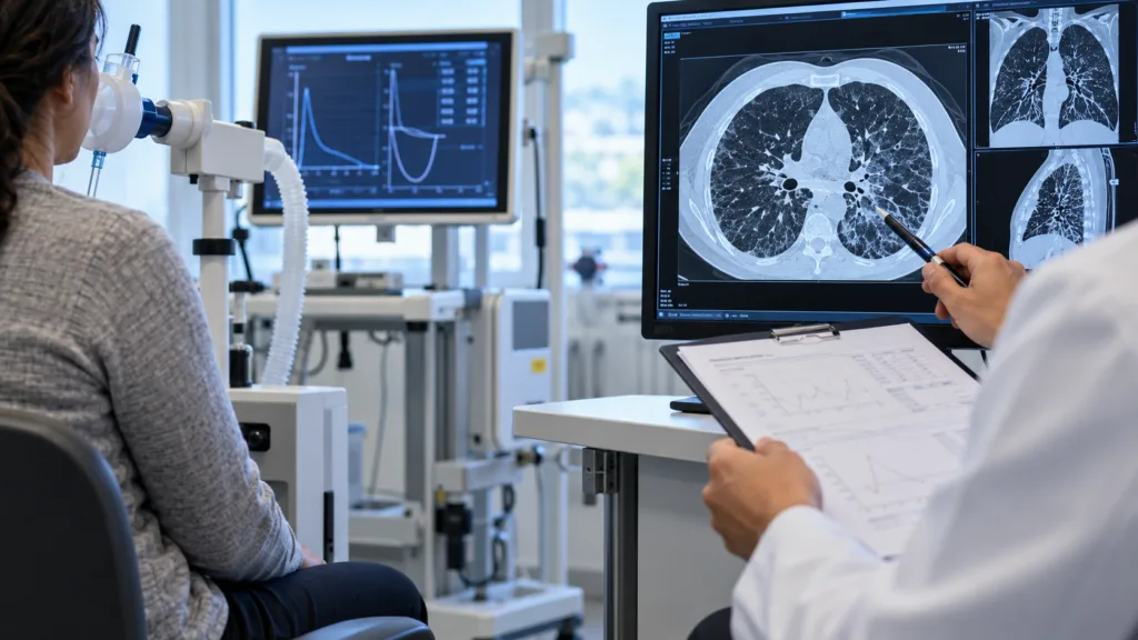 Representative image: Pulmonary function testing and lung CT imaging illustrate aTyr Pharma’s FDA-aligned Phase 3 efzofitimod program in pulmonary sarcoidosis.