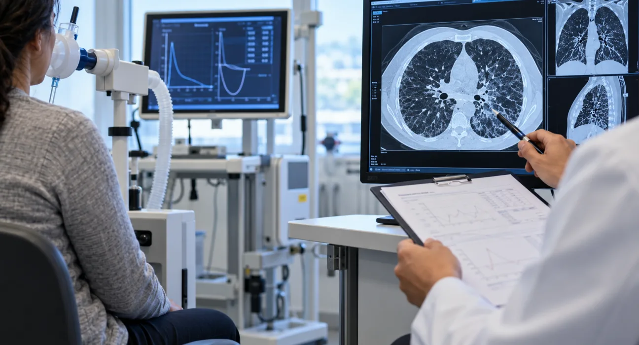 Representative image: Pulmonary function testing and lung CT imaging illustrate aTyr Pharma’s FDA-aligned Phase 3 efzofitimod program in pulmonary sarcoidosis.