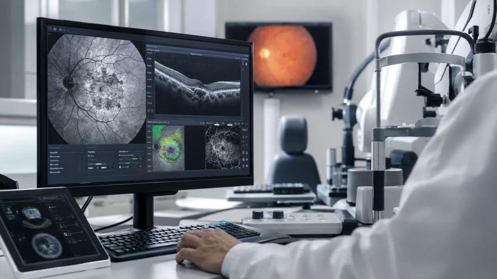 Representative image: Retinal imaging illustrates geographic atrophy as Ocugen advances OCU410 into Phase 3 testing as a potential one-time gene therapy for dry age-related macular degeneration.