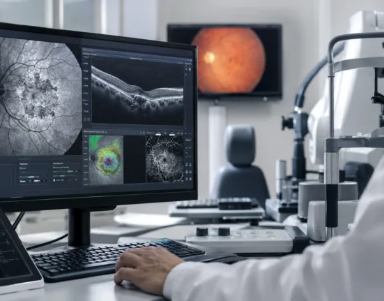 Representative image: Retinal imaging illustrates geographic atrophy as Ocugen advances OCU410 into Phase 3 testing as a potential one-time gene therapy for dry age-related macular degeneration.