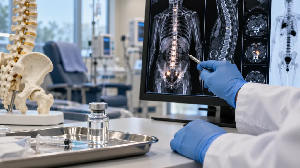 Representative image: Bone imaging and oncology treatment planning illustrate Teva’s FDA approval of DEGEVMA, a denosumab biosimilar to Xgeva for cancer-related bone disease.