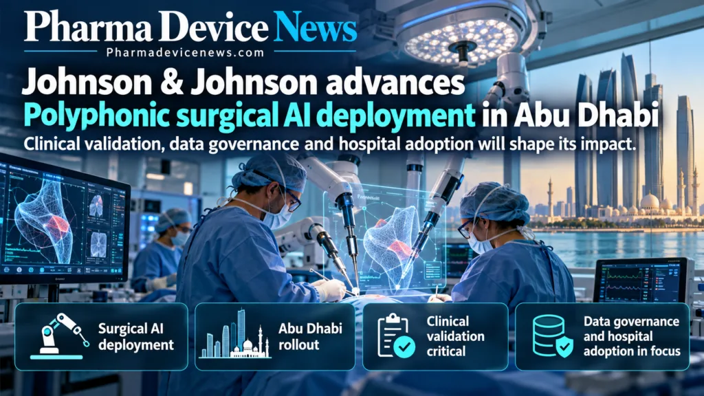 Editorial infographic showing Johnson & Johnson’s Polyphonic surgical AI deployment in Abu Dhabi, featuring an AI-assisted operating room, robotic surgical technology, digital medical displays, and highlights on clinical validation, data governance and hospital adoption.
