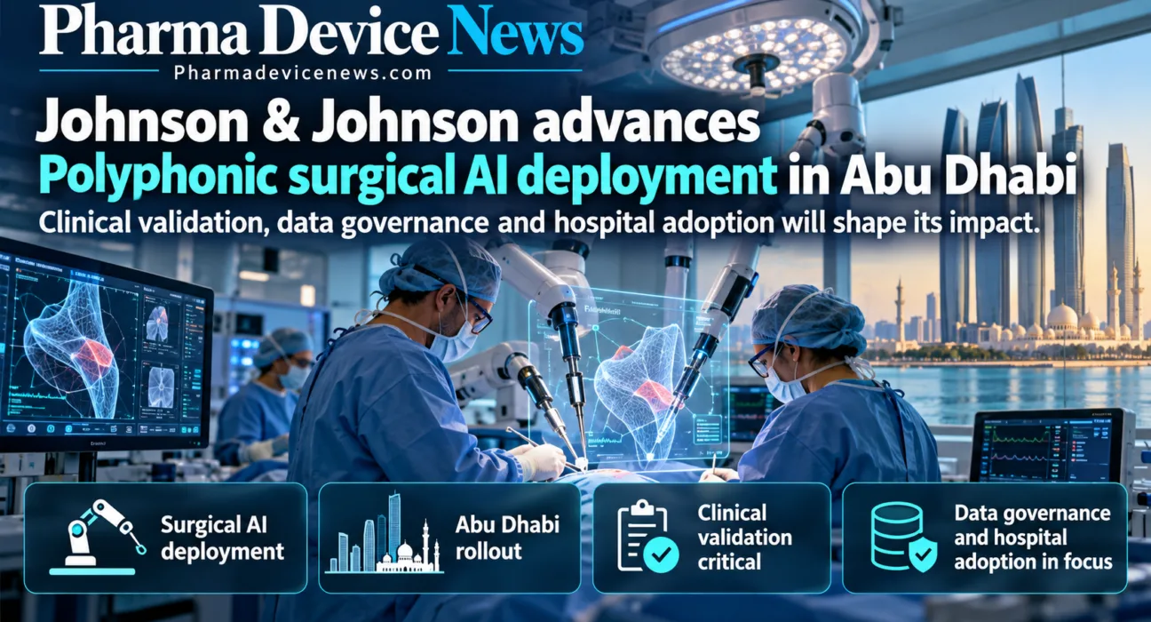 Editorial infographic showing Johnson & Johnson’s Polyphonic surgical AI deployment in Abu Dhabi, featuring an AI-assisted operating room, robotic surgical technology, digital medical displays, and highlights on clinical validation, data governance and hospital adoption.
