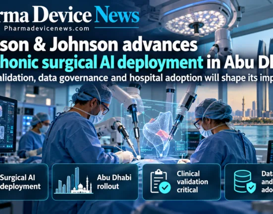 Editorial infographic showing Johnson & Johnson’s Polyphonic surgical AI deployment in Abu Dhabi, featuring an AI-assisted operating room, robotic surgical technology, digital medical displays, and highlights on clinical validation, data governance and hospital adoption.