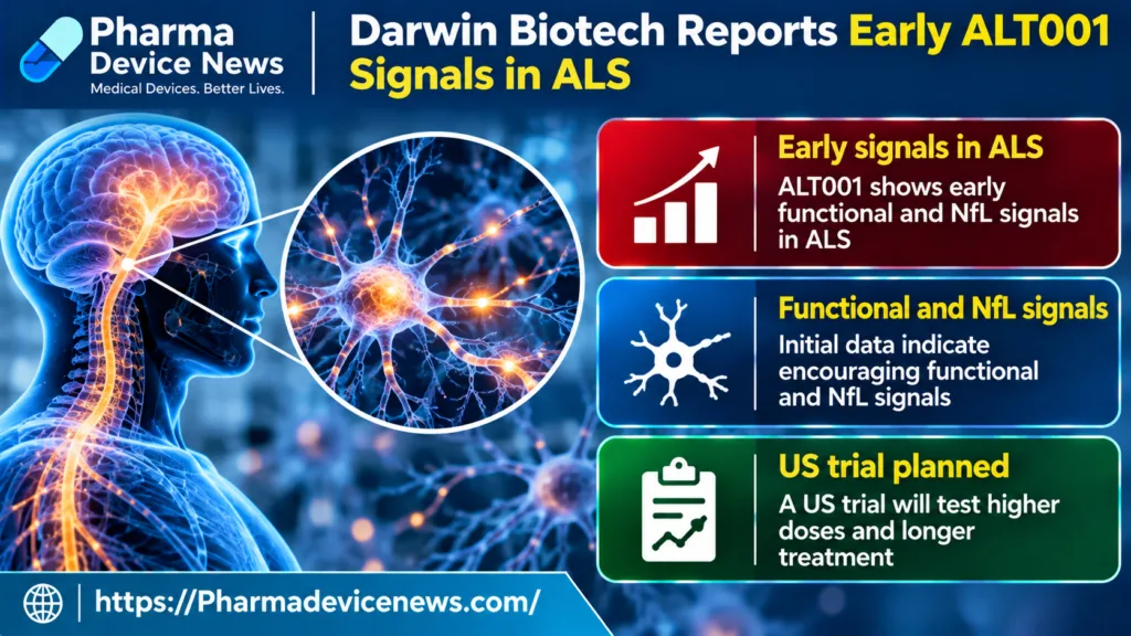 Infographic highlighting Darwin Biotech’s early ALT001 functional and neurofilament light chain (NfL) signals in amyotrophic lateral sclerosis (ALS), alongside plans for a U.S. clinical trial evaluating higher doses and longer treatment.