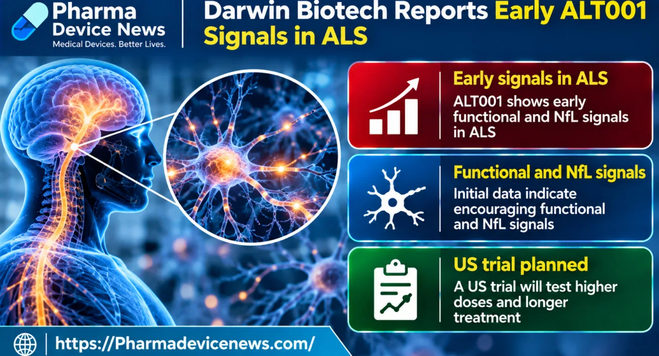 Infographic highlighting Darwin Biotech’s early ALT001 functional and neurofilament light chain (NfL) signals in amyotrophic lateral sclerosis (ALS), alongside plans for a U.S. clinical trial evaluating higher doses and longer treatment.