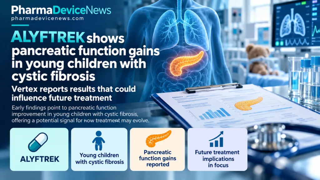 Editorial infographic illustrating ALYFTREK’s reported pancreatic function gains in young children with cystic fibrosis, featuring a medical body diagram highlighting the pancreas, clinical charts and pediatric treatment imagery, with emphasis on potential implications for future care.