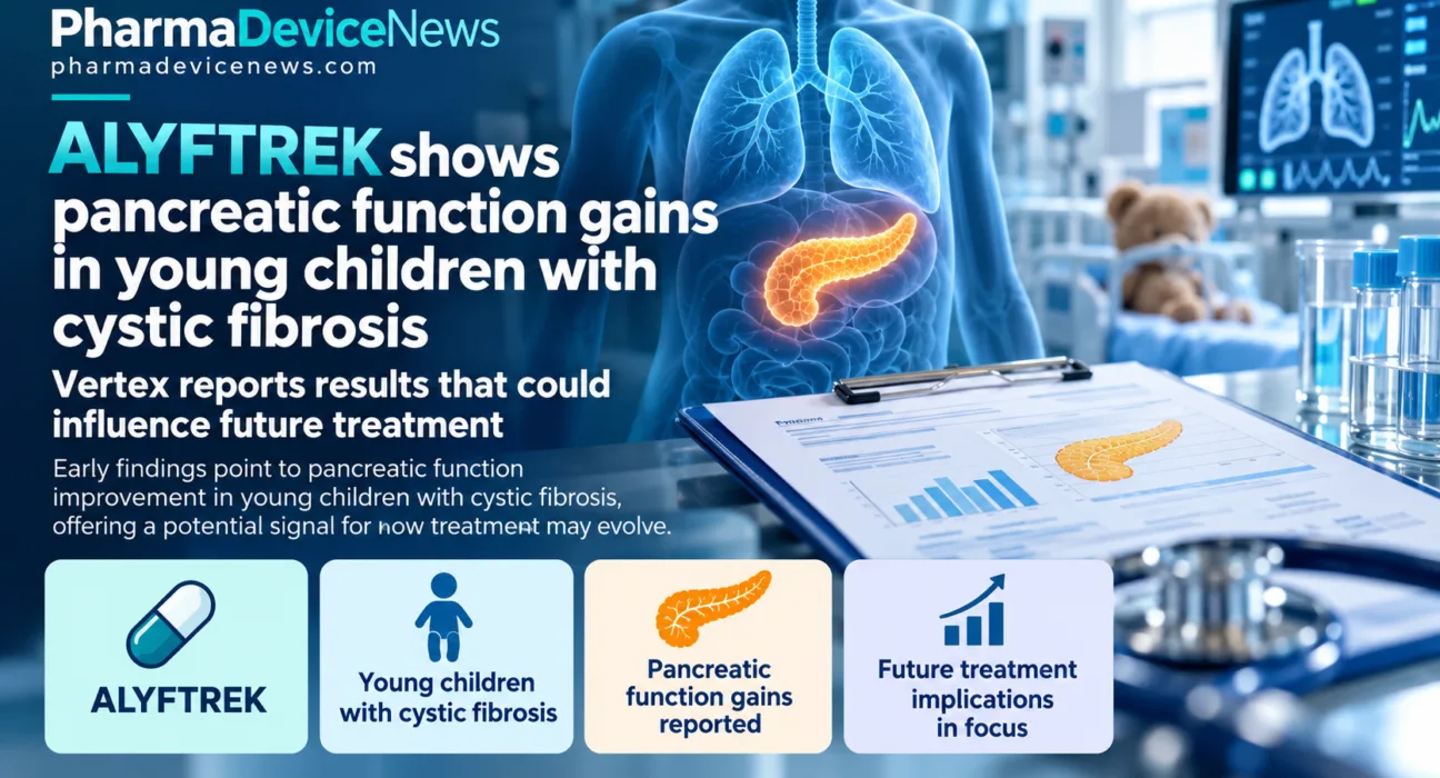 Editorial infographic illustrating ALYFTREK’s reported pancreatic function gains in young children with cystic fibrosis, featuring a medical body diagram highlighting the pancreas, clinical charts and pediatric treatment imagery, with emphasis on potential implications for future care.