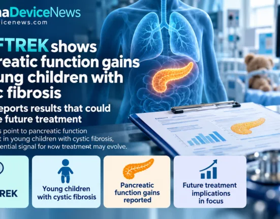Editorial infographic illustrating ALYFTREK’s reported pancreatic function gains in young children with cystic fibrosis, featuring a medical body diagram highlighting the pancreas, clinical charts and pediatric treatment imagery, with emphasis on potential implications for future care.