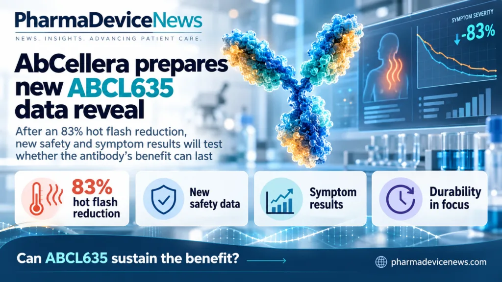 Editorial infographic highlighting AbCellera’s ABCL635 programme, featuring an antibody graphic, laboratory visuals and symptom-tracking charts, with key points on an 83% reduction in hot flashes, upcoming safety results, new symptom data and the open question of durability.