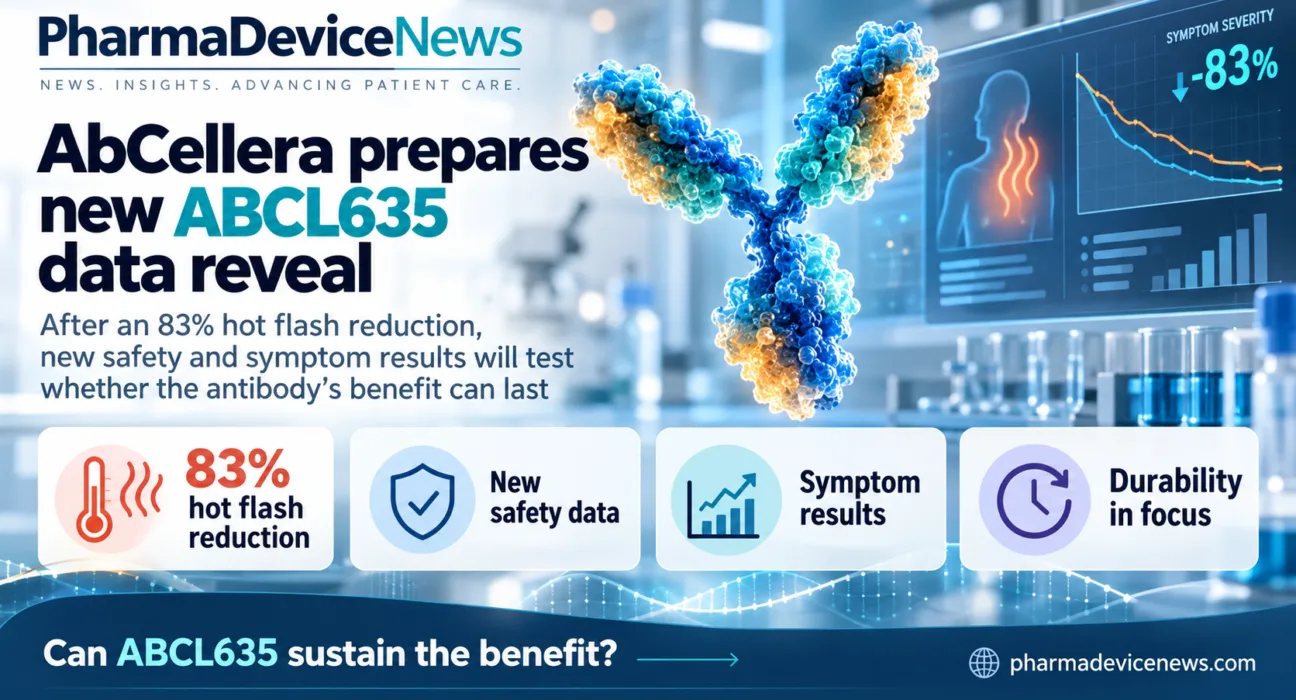 Editorial infographic highlighting AbCellera’s ABCL635 programme, featuring an antibody graphic, laboratory visuals and symptom-tracking charts, with key points on an 83% reduction in hot flashes, upcoming safety results, new symptom data and the open question of durability.