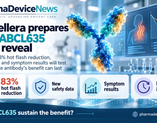 Editorial infographic highlighting AbCellera’s ABCL635 programme, featuring an antibody graphic, laboratory visuals and symptom-tracking charts, with key points on an 83% reduction in hot flashes, upcoming safety results, new symptom data and the open question of durability.