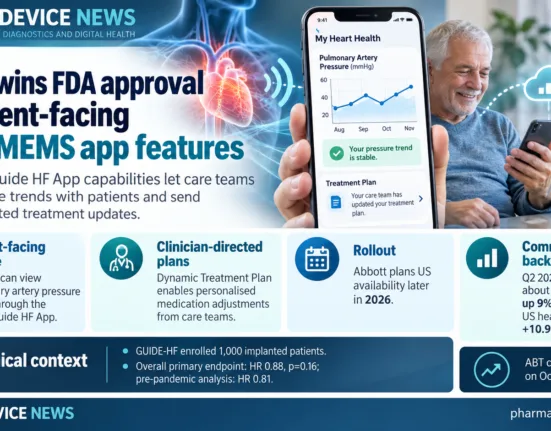 PharmaDevice News infographic showing Abbott’s FDA-approved CardioMEMS patient app features, including pulmonary artery pressure trends, clinician-directed treatment updates, and heart failure monitoring.