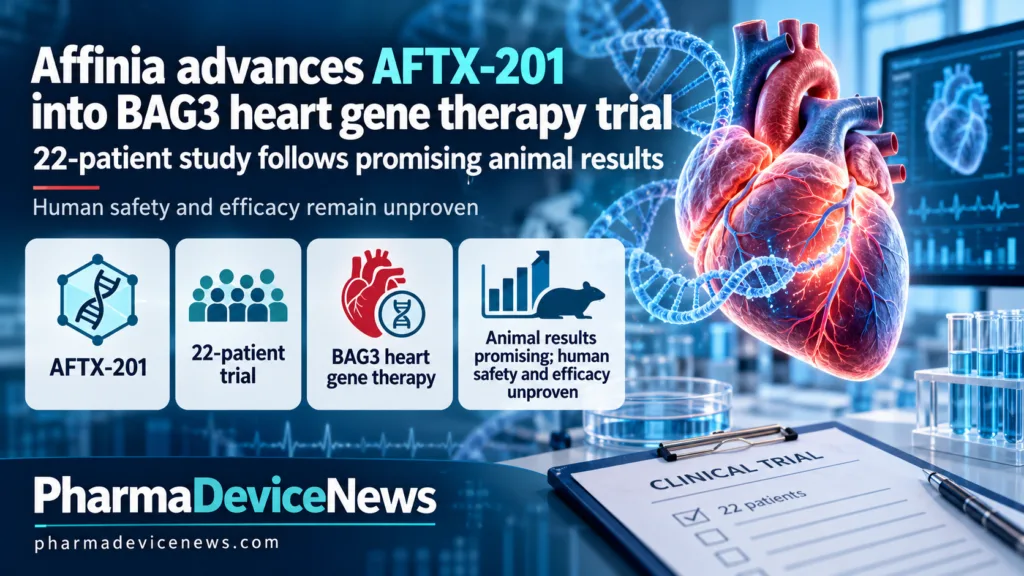 Editorial infographic illustrating Affinia Therapeutics’ AFTX-201 BAG3 heart gene therapy programme, featuring an anatomical heart, DNA strands and clinical research imagery, with highlights on the 22-patient trial, promising animal results and unproven human safety and efficacy.