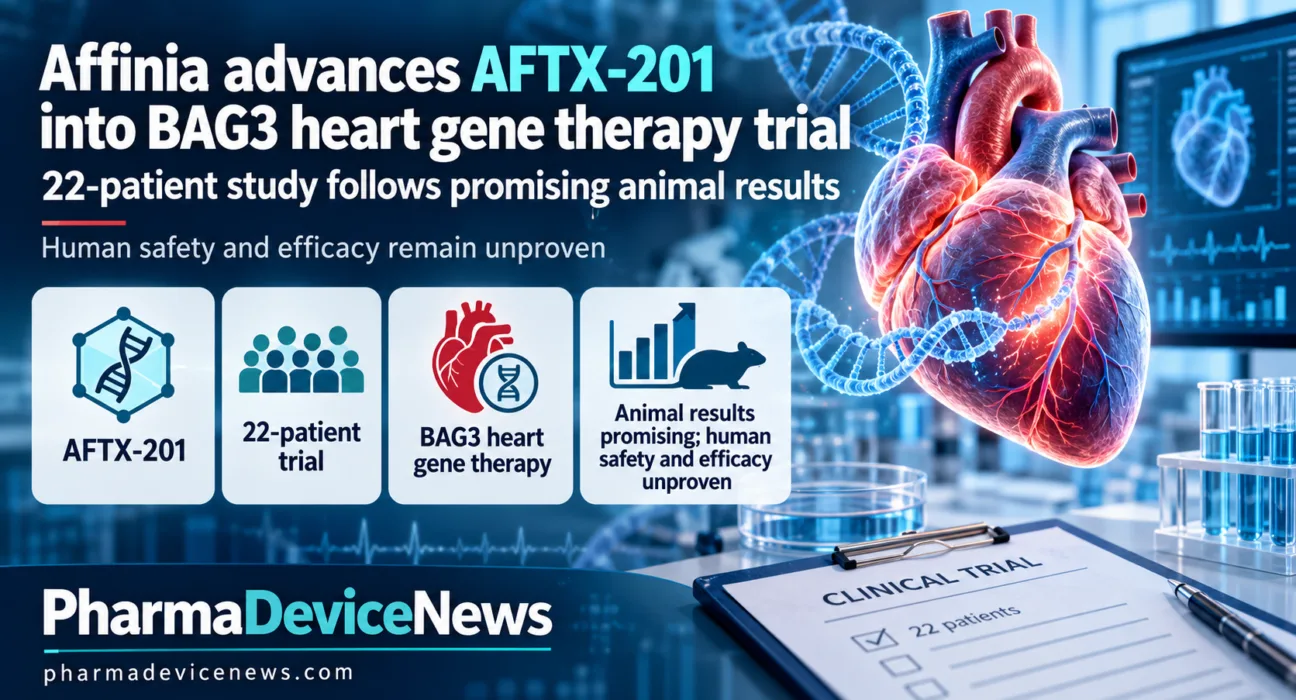 Editorial infographic illustrating Affinia Therapeutics’ AFTX-201 BAG3 heart gene therapy programme, featuring an anatomical heart, DNA strands and clinical research imagery, with highlights on the 22-patient trial, promising animal results and unproven human safety and efficacy.
