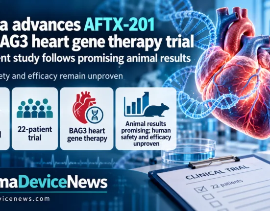 Editorial infographic illustrating Affinia Therapeutics’ AFTX-201 BAG3 heart gene therapy programme, featuring an anatomical heart, DNA strands and clinical research imagery, with highlights on the 22-patient trial, promising animal results and unproven human safety and efficacy.