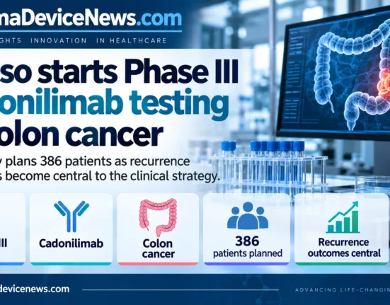 Infographic showing Akeso’s Phase III cadonilimab trial in colon cancer, with 386 patients planned and recurrence outcomes highlighted as a central study focus.