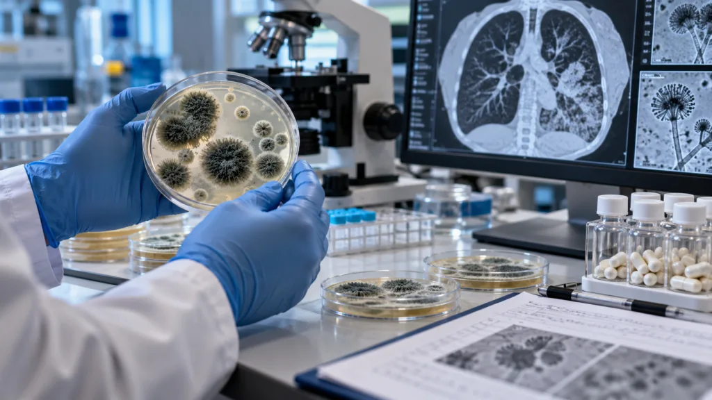 Representative image of invasive aspergillosis research as F2G and Shionogi report positive Phase 3 olorofim results, highlighting its potential as a new oral antifungal treatment.