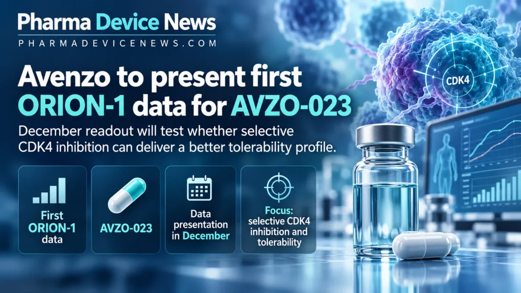 Infographic highlighting Avenzo’s upcoming December ORION-1 clinical data presentation for AVZO-023, featuring a laboratory illustration and the investigational therapy’s focus on selective CDK4 inhibition and improved tolerability.