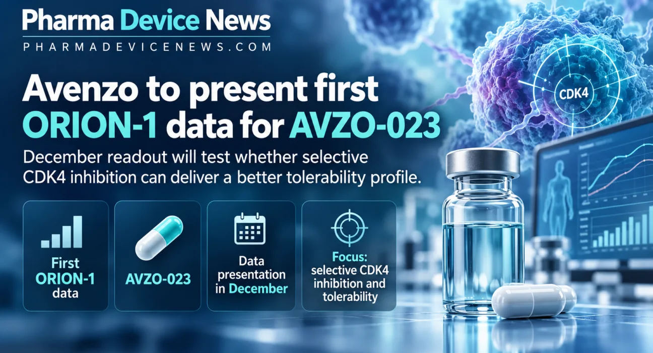Infographic highlighting Avenzo’s upcoming December ORION-1 clinical data presentation for AVZO-023, featuring a laboratory illustration and the investigational therapy’s focus on selective CDK4 inhibition and improved tolerability.