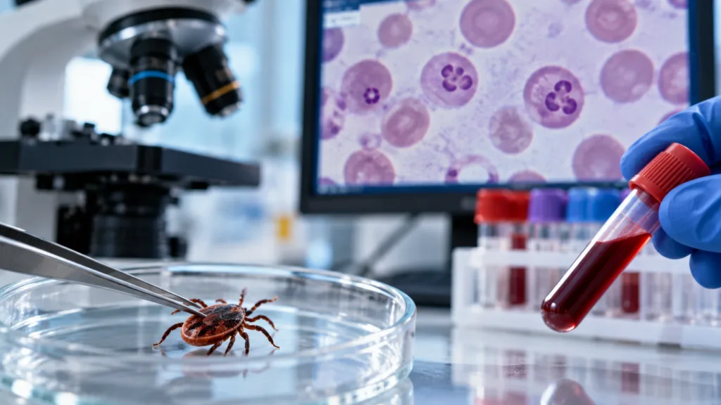 Representative image of babesiosis research and tick-borne infection testing as 60 Degrees Pharmaceuticals reports promising parasite clearance results in patients with relapsing babesiosis treated with tafenoquine-based combination therapy.