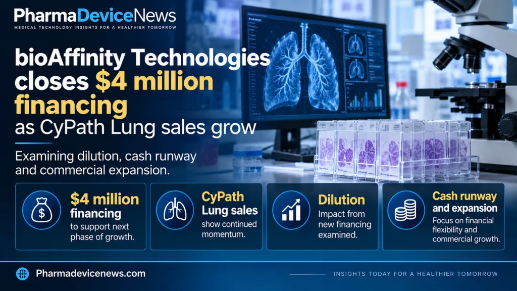 Editorial infographic highlighting bioAffinity Technologies’ $4 million financing and growing CyPath Lung sales, featuring lung diagnostic imagery, laboratory equipment and financial graphics illustrating shareholder dilution, cash runway and commercial expansion.