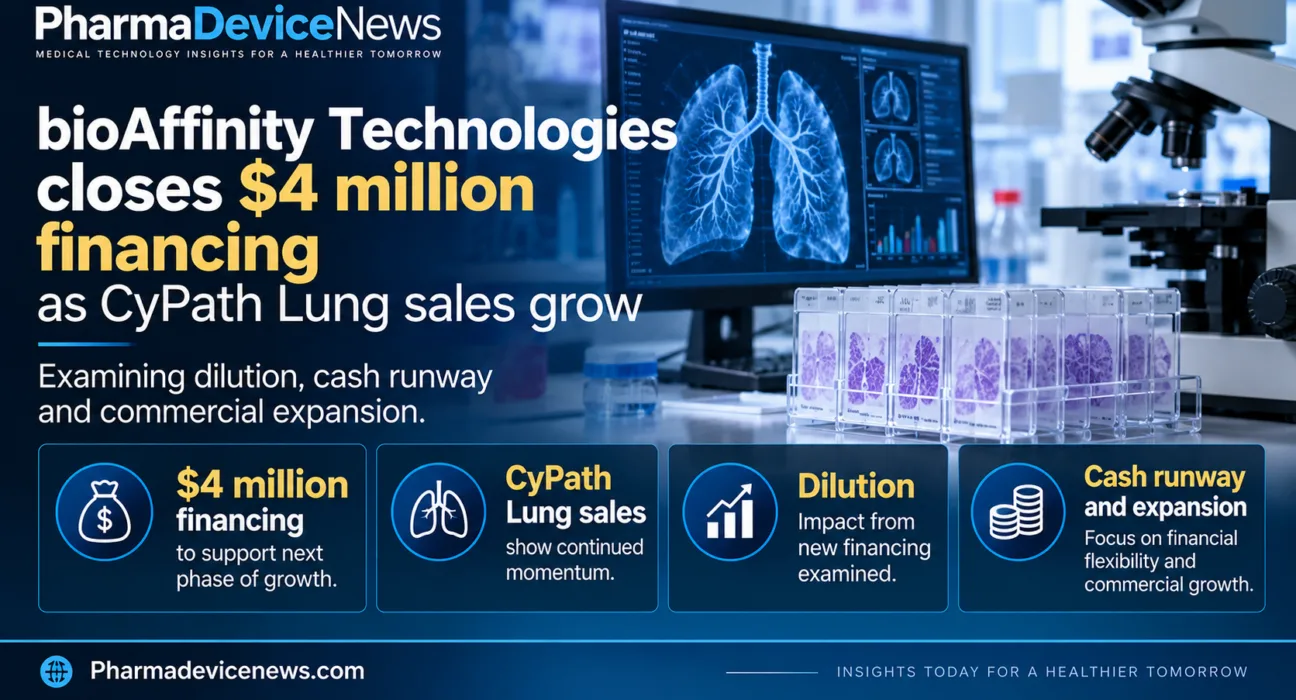 Editorial infographic highlighting bioAffinity Technologies’ $4 million financing and growing CyPath Lung sales, featuring lung diagnostic imagery, laboratory equipment and financial graphics illustrating shareholder dilution, cash runway and commercial expansion.