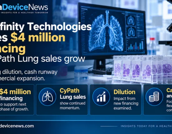 Editorial infographic highlighting bioAffinity Technologies’ $4 million financing and growing CyPath Lung sales, featuring lung diagnostic imagery, laboratory equipment and financial graphics illustrating shareholder dilution, cash runway and commercial expansion.
